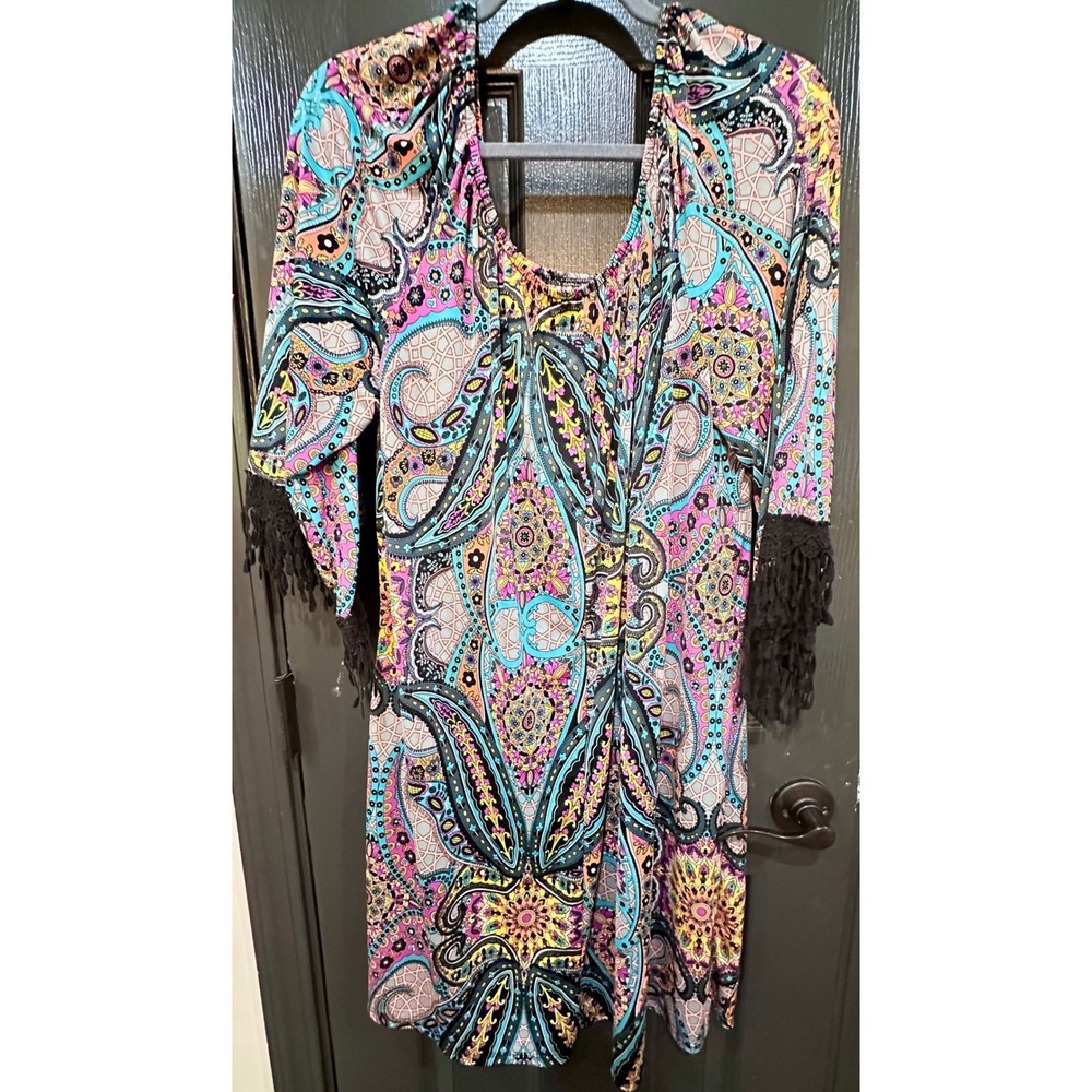 The Hanger Paisley Fringe Sleeve Boho Dress Multicolor Scoop Neck‎ Size Small